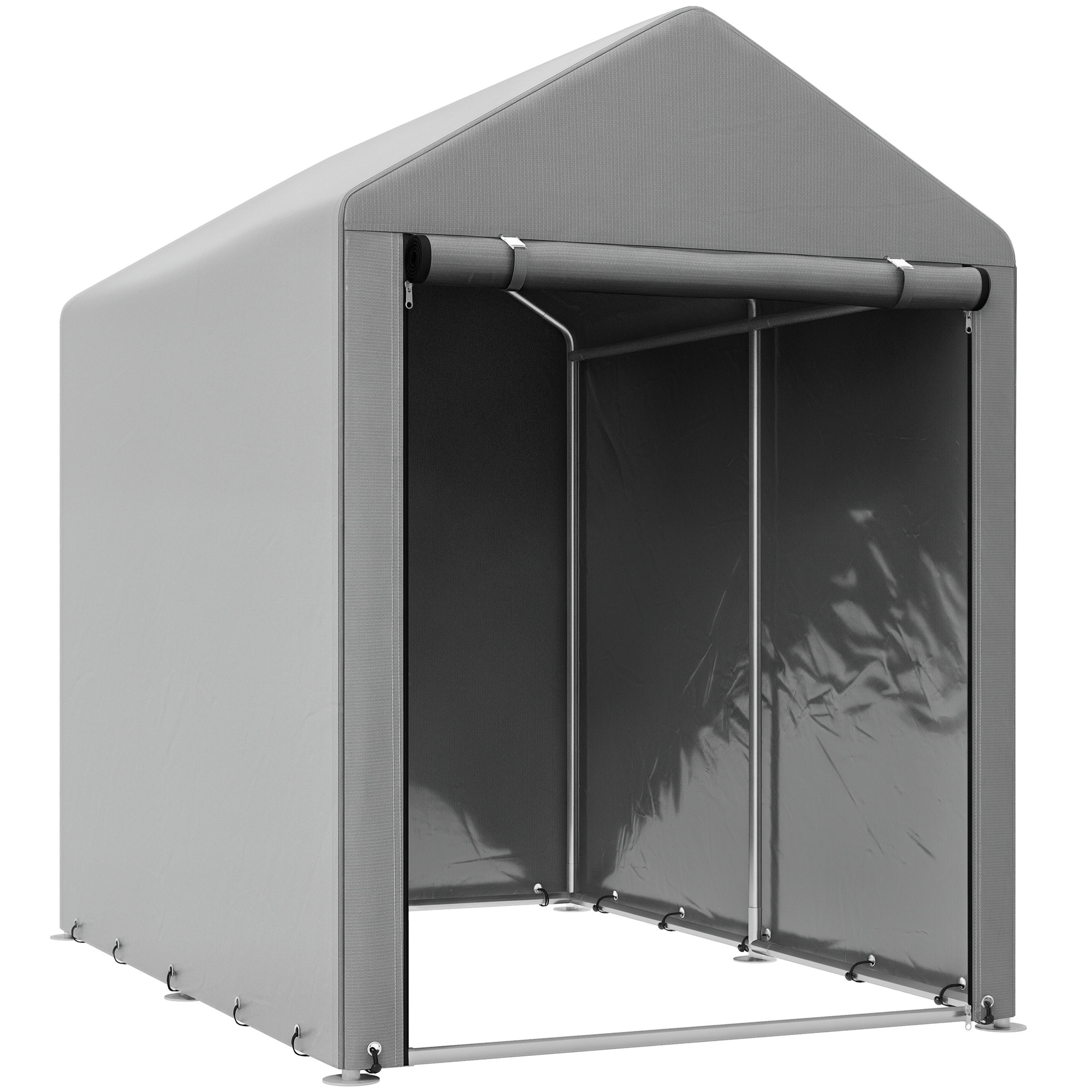Carpa de Jardín Exterior para Herramientas Bicicletas 1,2x1,8x1,65 m, Cobertizo Exterior con 2 Habitaciones, Puerta Enrollable con Cremallera, Impermeable Anti-UV, Garaje Portátil, Gris Claro