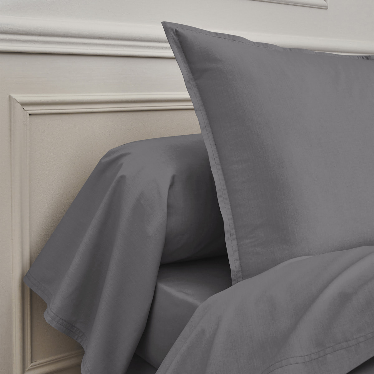 Drap plat uni en percale de coton, PREMIÈRE, Gris Basalte