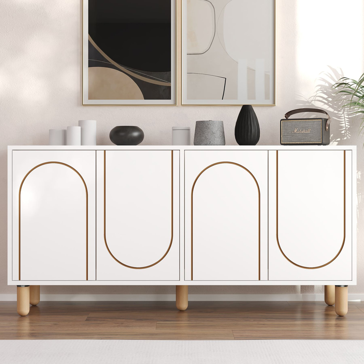 VINET Buffet 4 portes blanc design graphique 150x73cm