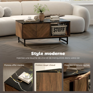 Table basse, table de salon avec plateau effet marbre, 2 portes et 2 compartiments ouverts, cadre en acier, 100 x 50,8 x 45,7 cm
