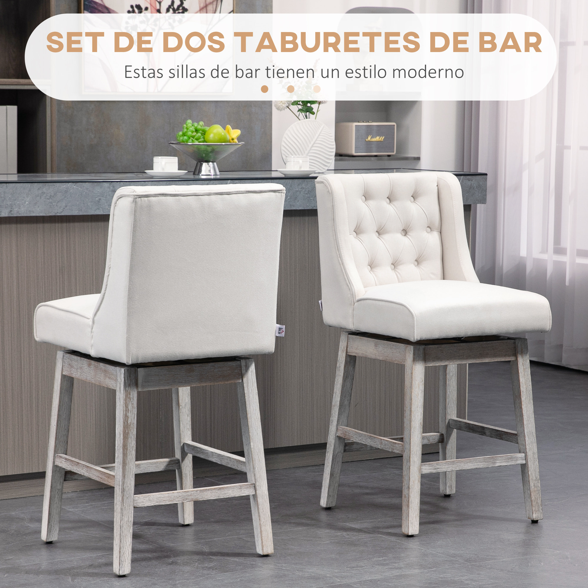 Juego de 2 Taburetes de Bar con Respaldo, Giratorios 180°, Taburetes Altos de Cocina con Reposapiés, Patas de Madera, para Salón, Comedor, Beige