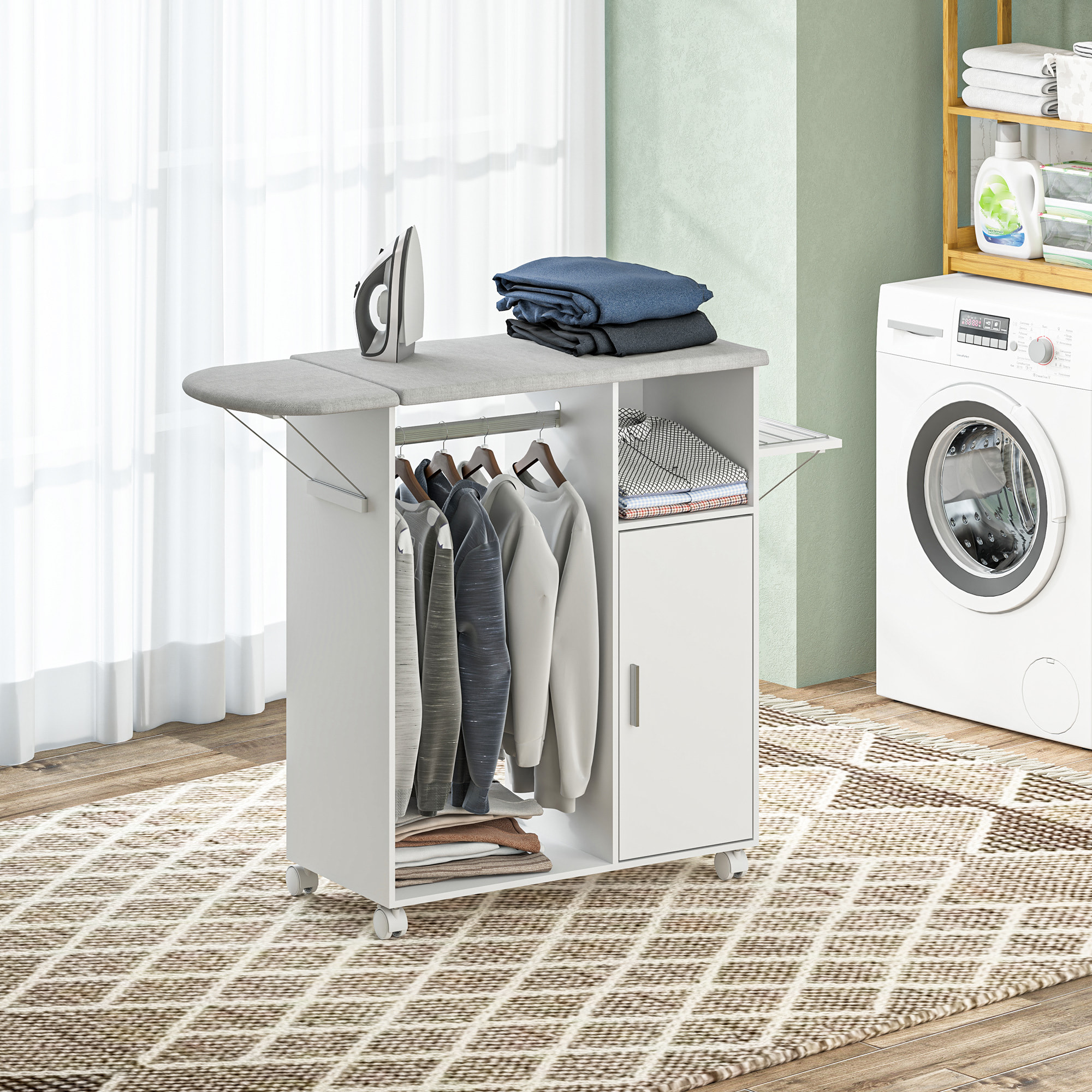 Armoire à repasser pliante sur roulettes avec étagère réglable et barre de suspension – 127 x 42,5 x 99 cm – Blanc