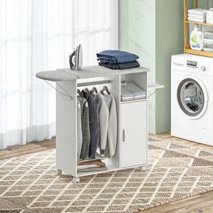 Armoire à repasser pliante sur roulettes avec étagère réglable et barre de suspension – 127 x 42,5 x 99 cm – Blanc