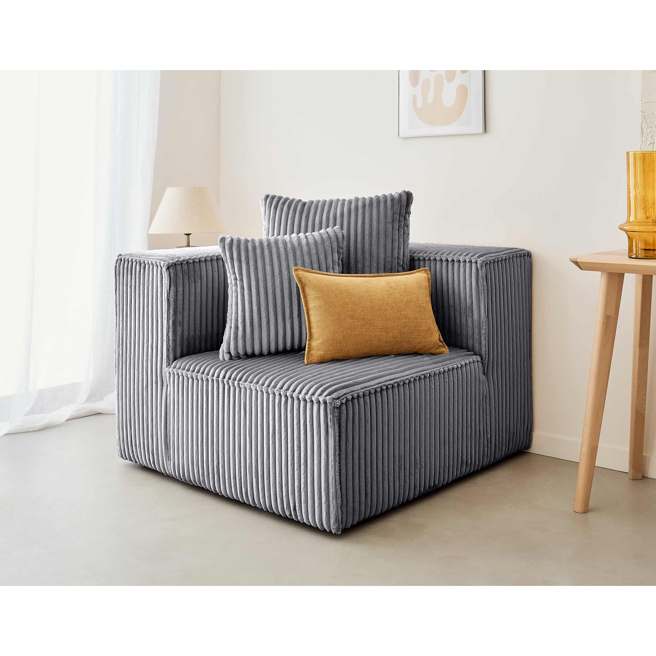 Colombine - module d'assise d'angle réversible - en velours côtelé grosses côtes - Gris