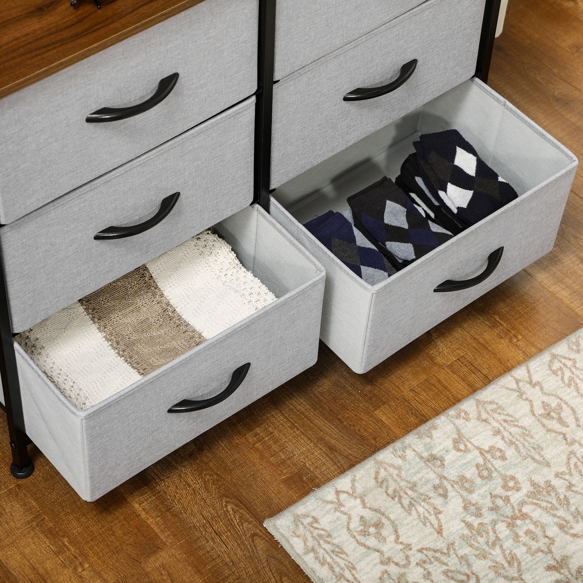 Commode meuble de rangement 6 tiroirs pliables châssis acier noir plateau aspect bois non tissé gris