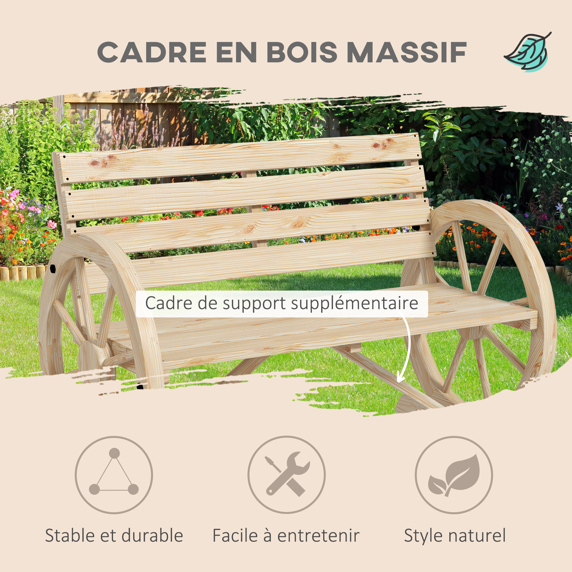 Banc de jardin 3 places accoudoirs Roues Charette en bois naturel