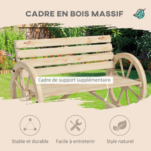 Banc de jardin 3 places accoudoirs Roues Charette en bois naturel