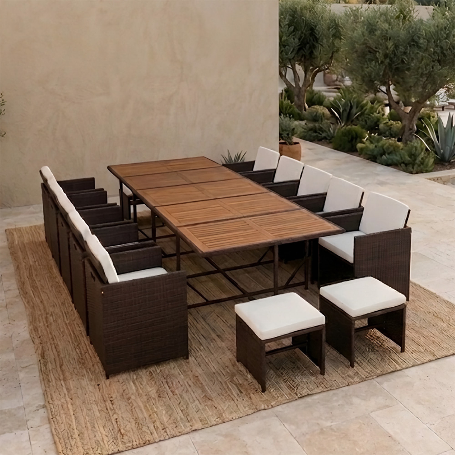 Salon de jardin 14 pl en acacia et résine marron + housse CASCO