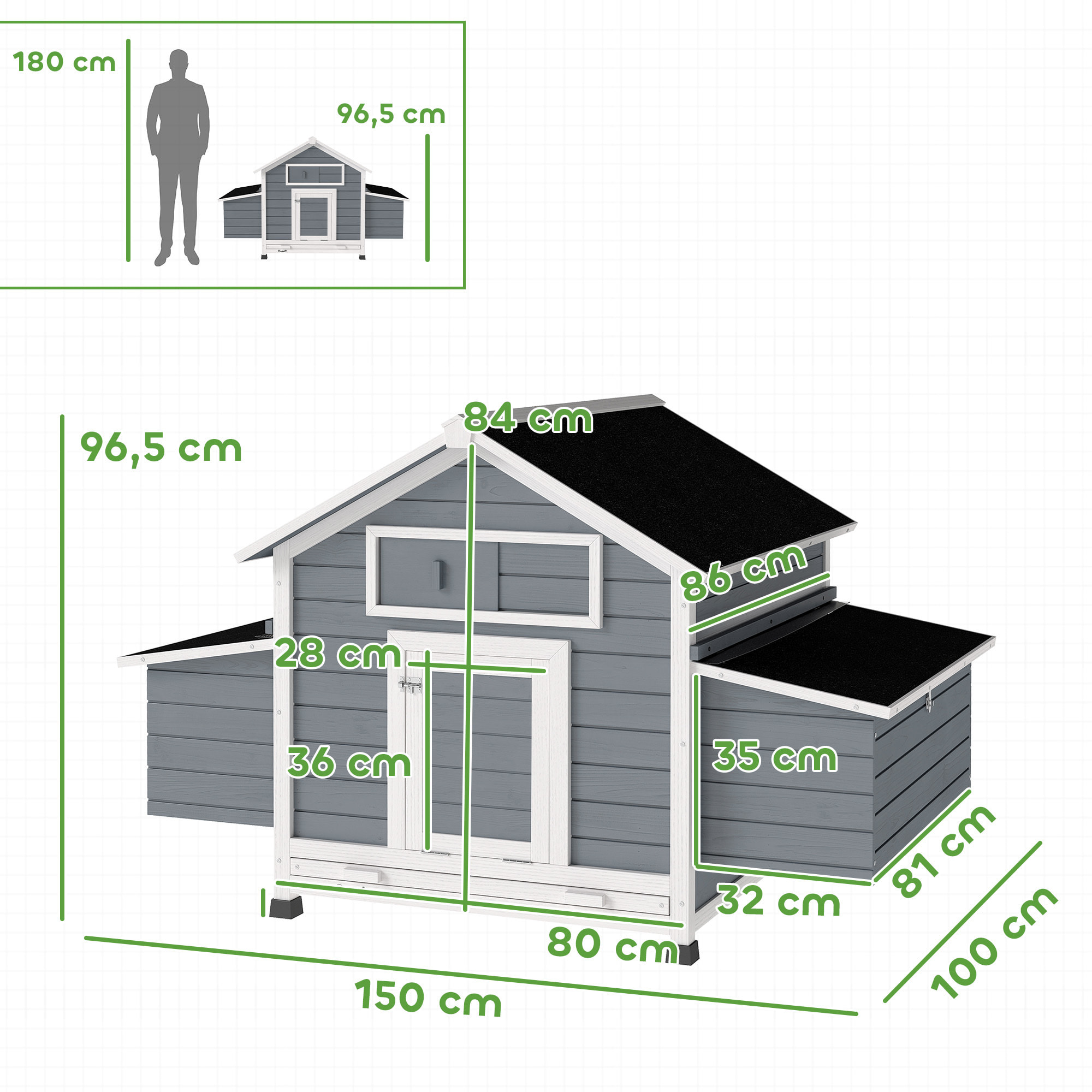 Gallinero de Madera para Exterior, Caseta para Gallinas con 2 Nidos, Bandeja Extraíble, Perchas, Techo Impermeable, Casa para 2-4 Gallinas y Conejos, 150x100x96,5 cm, Gris