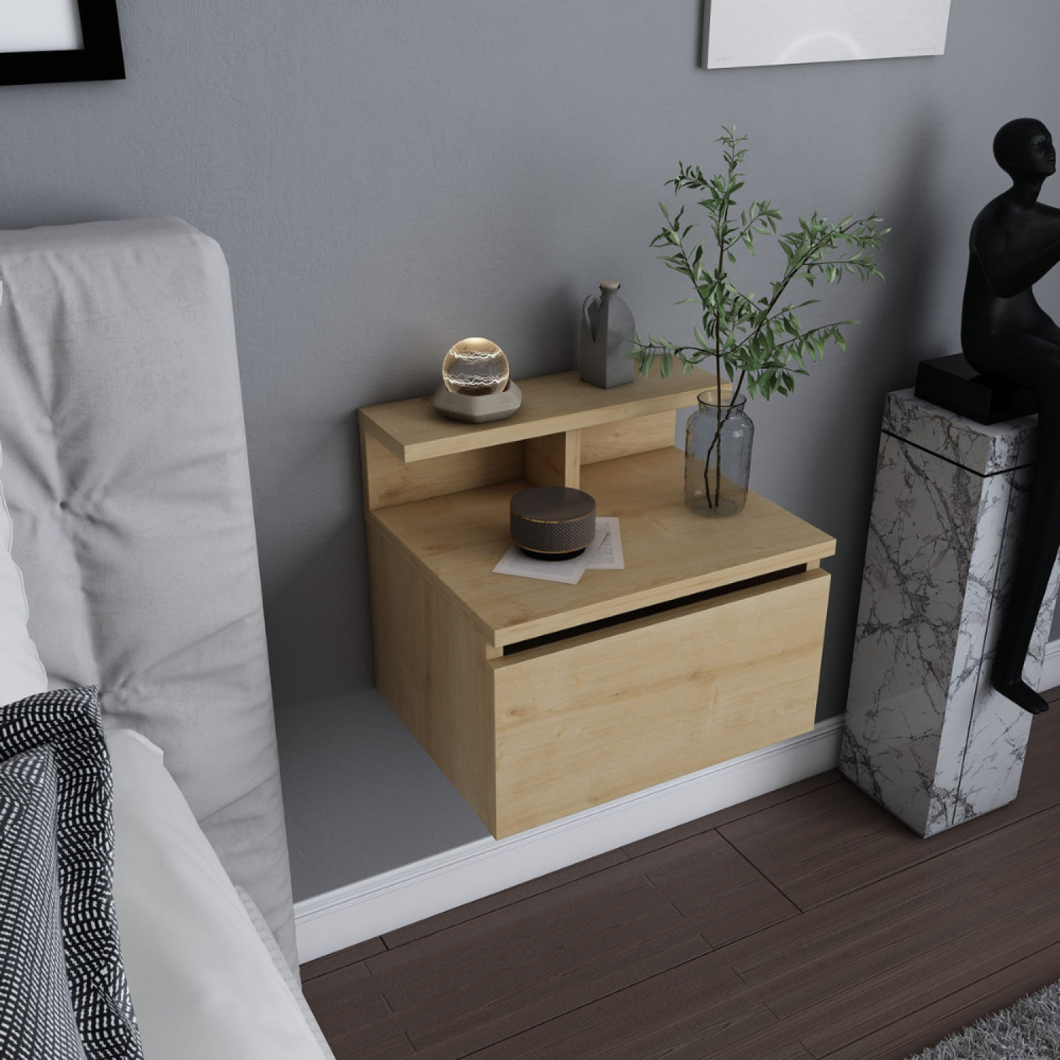 Table de chevet murale bois avec tiroir et étagère SOREN