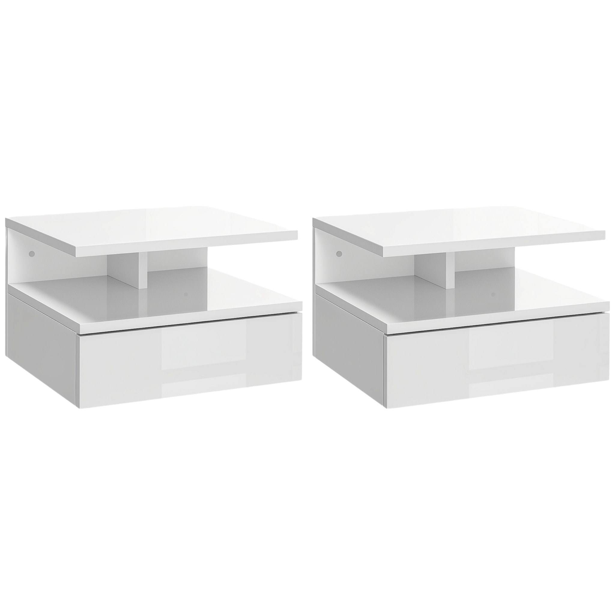 Lot de 2 tables de chevet murales - lot de 2 tables de nuit - tiroir coulissant, niche et plateau - blanc