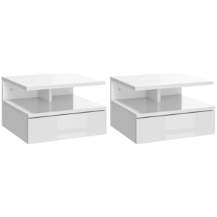 Lot de 2 tables de chevet murales - lot de 2 tables de nuit - tiroir coulissant, niche et plateau - blanc