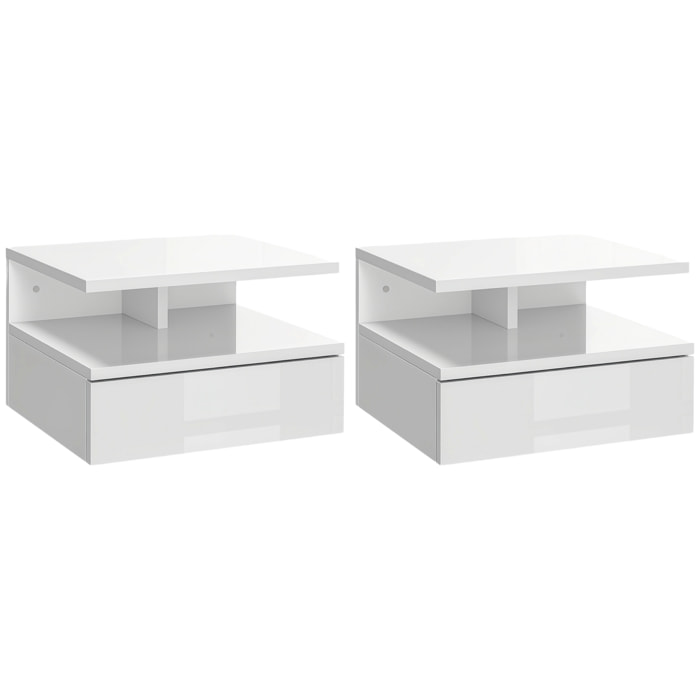 Lot de 2 tables de chevet murales - lot de 2 tables de nuit - tiroir coulissant, niche et plateau - blanc