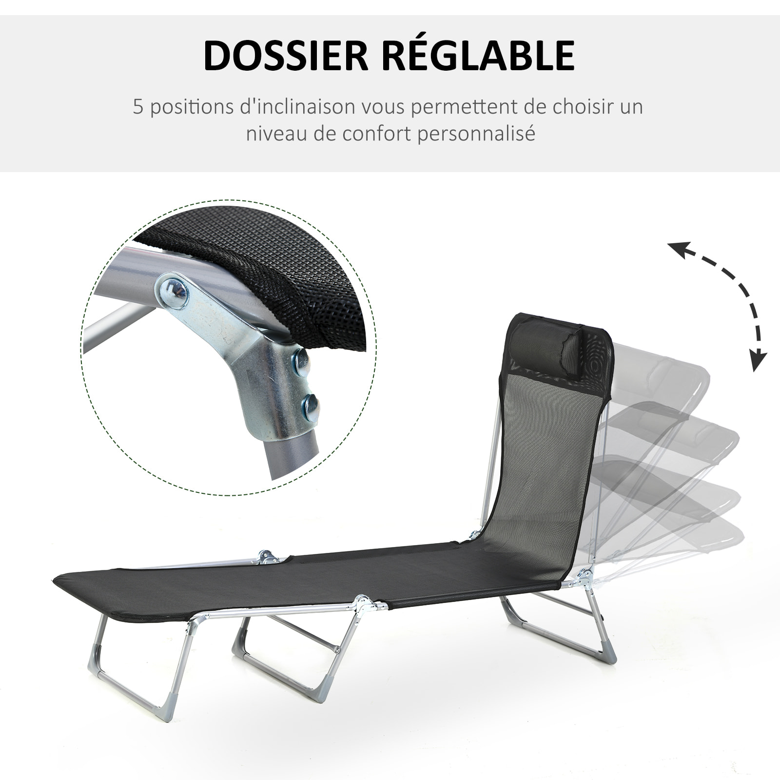 Bain de soleil transat pliable dossier réglable 5 positions acier teslin noir