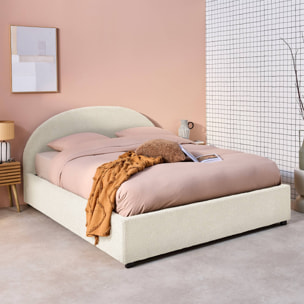 Lit coffre avec sommier à lattes et tête de lit. finition bouclette. blanc. L 206 x P 153.5 x H 102cm