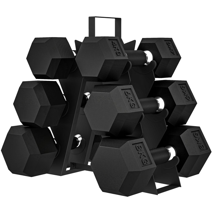 Juego de Mancuernas de 6 Piezas 36 kg, Mancuernas Hexagonales 2x4kg, 2x6kg, 2x8kg, con Soporte Almacenamiento, Recubrimiento de Goma y Mango Antideslizante para Entrenamiento en Casa Gimnasio