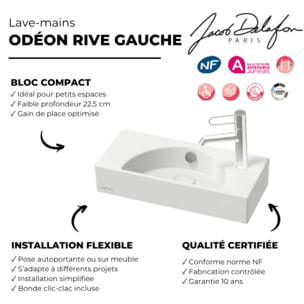Lave-mains compact 50 cm Odéon Rive Gauche 1 trou de robinetterie à droite Blanc satiné avec bonde