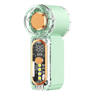 Ventilador portátil X699 con velocidad regulable de 1 a 100 niveles, hasta 22.000 rpm y batería recargable de 400 mAh. Pantalla digital y linterna LED.