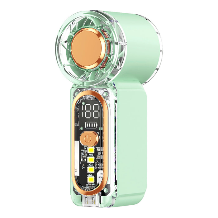 Ventilador portátil X699 con velocidad regulable de 1 a 100 niveles, hasta 22.000 rpm y batería recargable de 400 mAh. Pantalla digital y linterna LED.