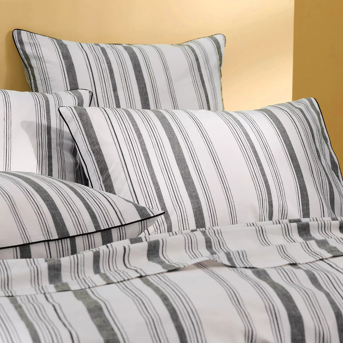 Lot de 2 taies pur coton lavé rayé anthracite noir Portland granit