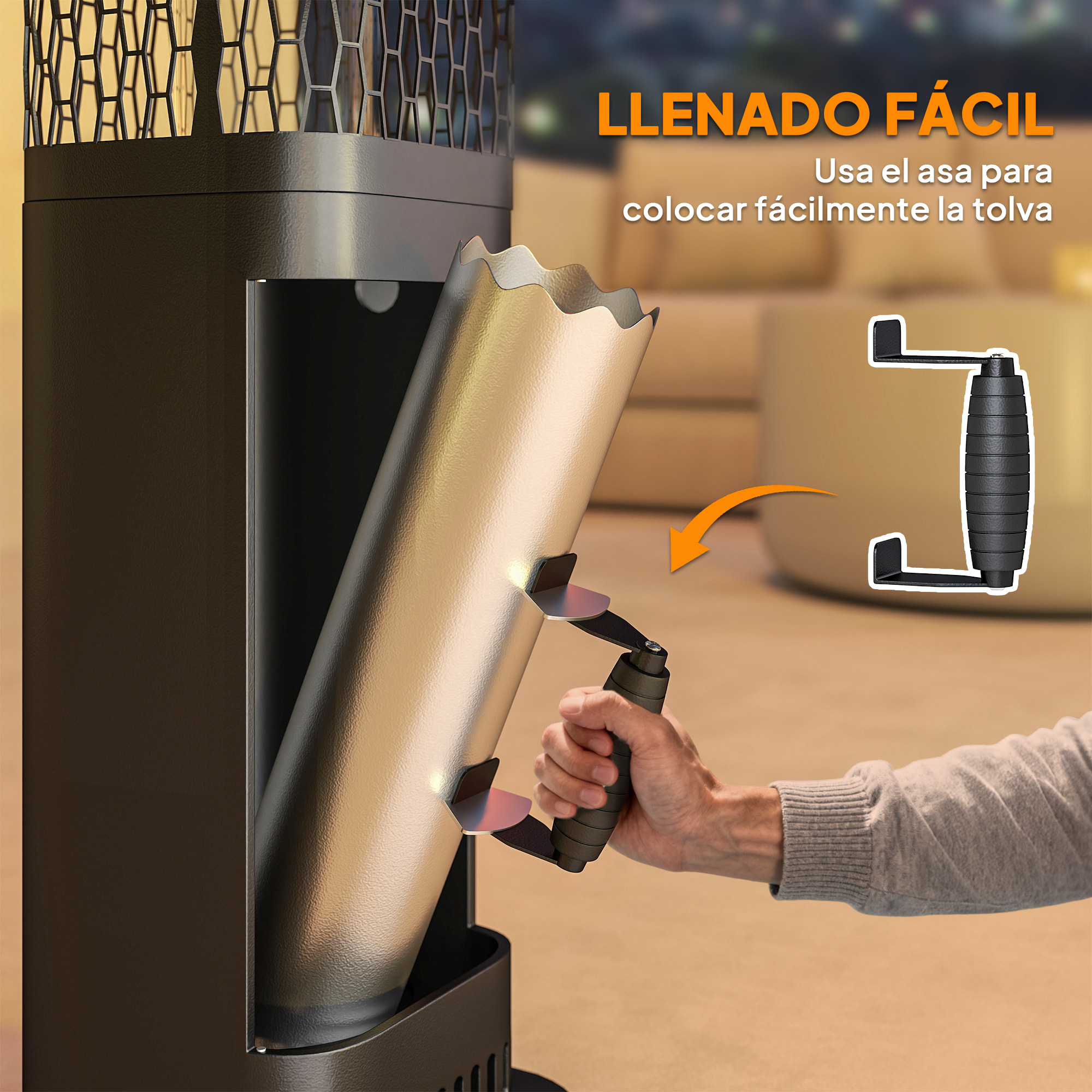 Estufa de Pellets, 6.86 KW, sin Electricidad, Estufa de Leña con Tubo de Vidrio, Base Antideslizante y Rejilla Metálica, Calefactor de Pellets sin Humo para Jardín, Terraza, Exterior, Negro