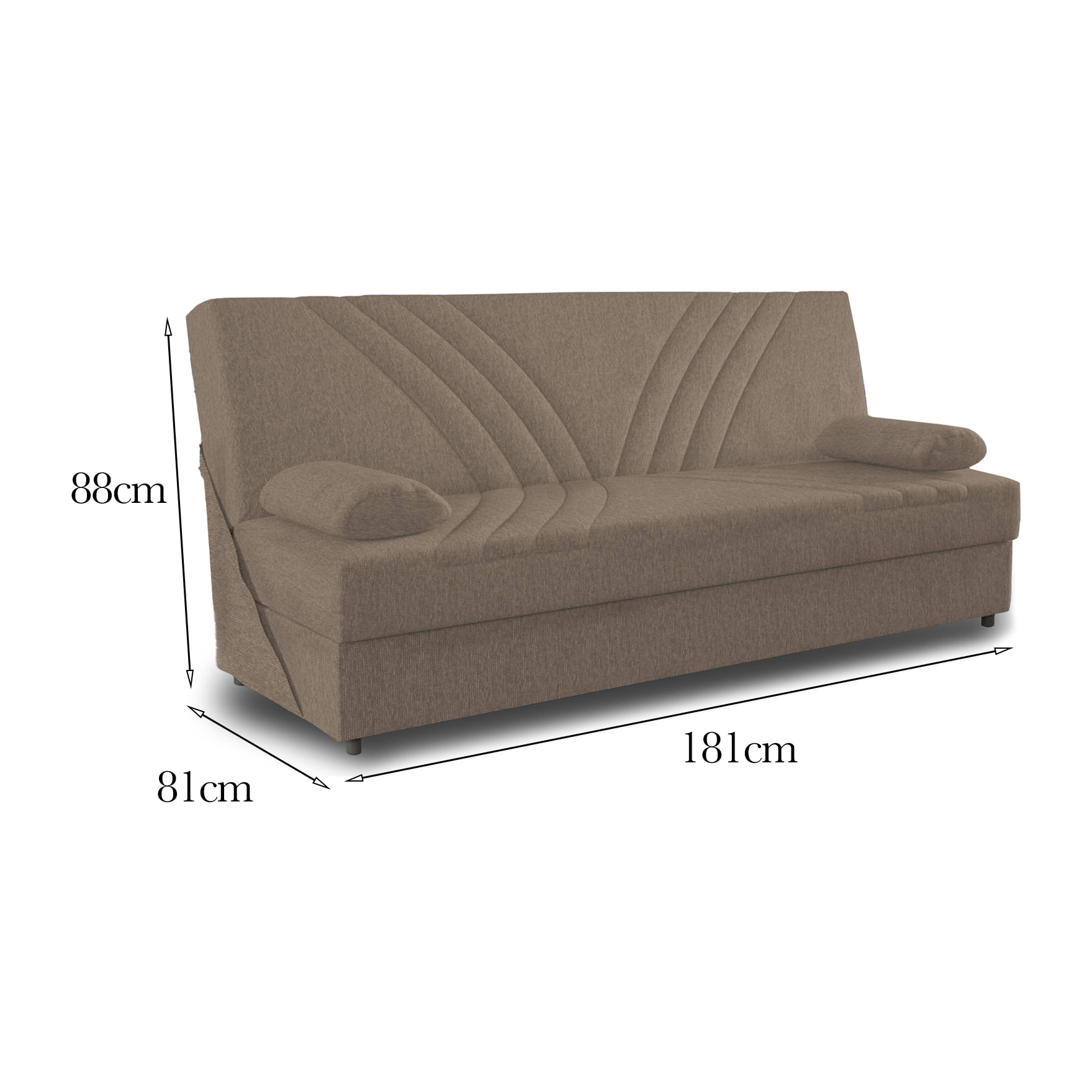 Divano letto Ramon, Divano letto contenitore a 3 posti con 2 cuscini inclusi, Sofà da soggiorno in tessuto imbottito con apertura click-clack, Cm 181x81h88, Beige