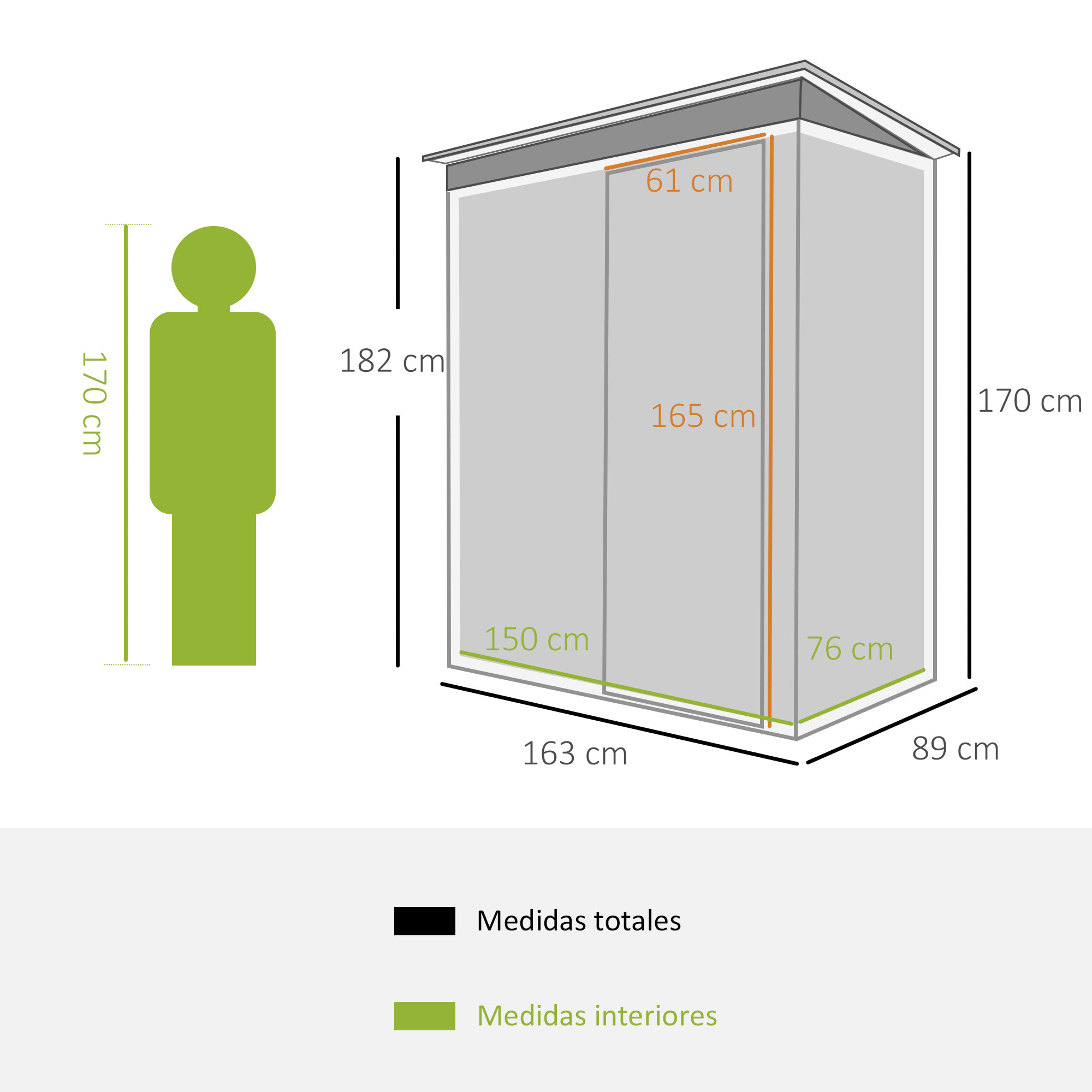 Cobertizo de Jardín Exterior 1,5 m² 163x89x182 cm Caseta Metálica para Herramientas con Puerta Corredera y Techo Inclinado para Terraza Patio Negro