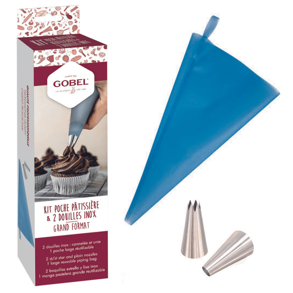 Kit 1 poche pâtissière réutilisable grand format 45 cm et 2 douilles