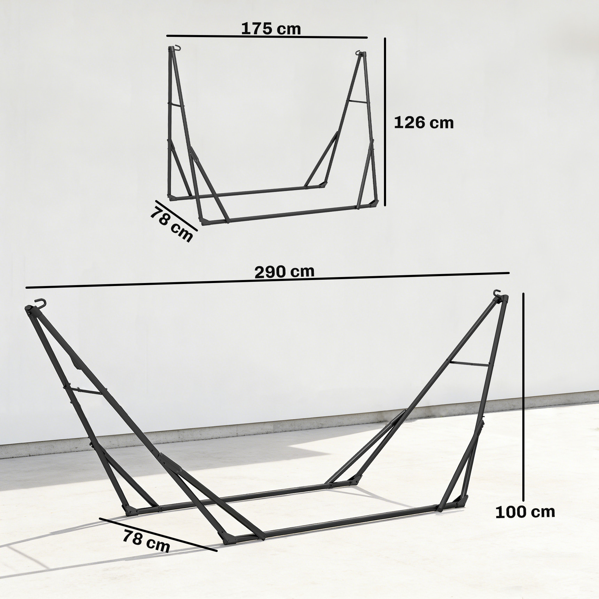 Soporte para Hamaca Plegable, Largo 290 cm, Soporte para Hamaca Portátil de Acero, Longitud Ajustable, con Bolsa de Transporte, Carga 120 kg, Negro