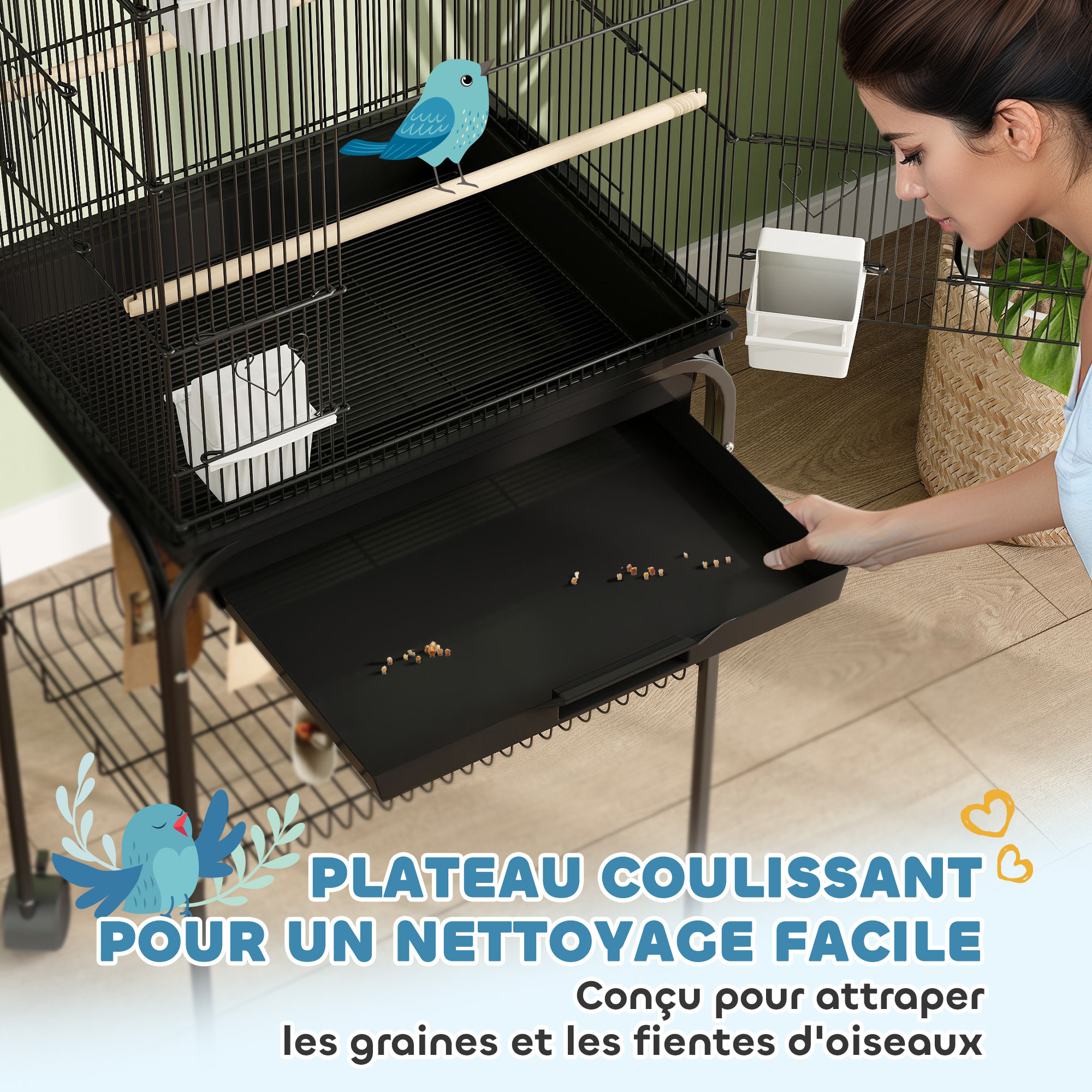Cage à oiseaux design maison sur roulettes mangeoires perchoirs balançoire grande porte 8 trappes plateau déjection