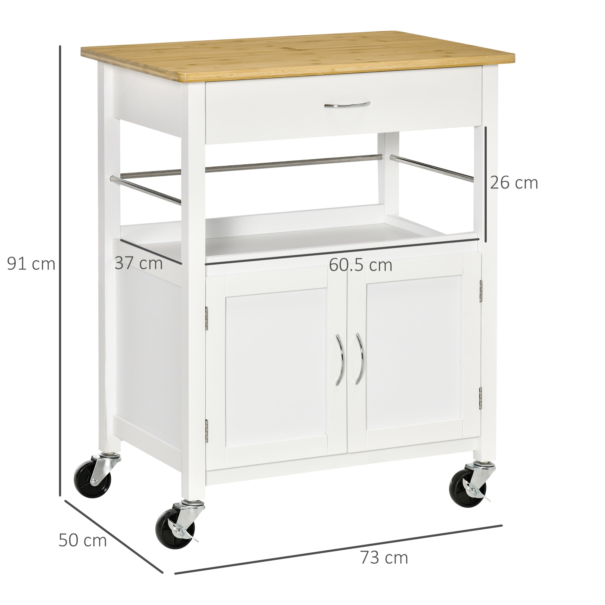 Desserte de cuisine multi-rangements - dim. 73L x 50l x 91H cm - poignées métal MDF blanc plateau bois bambou verni