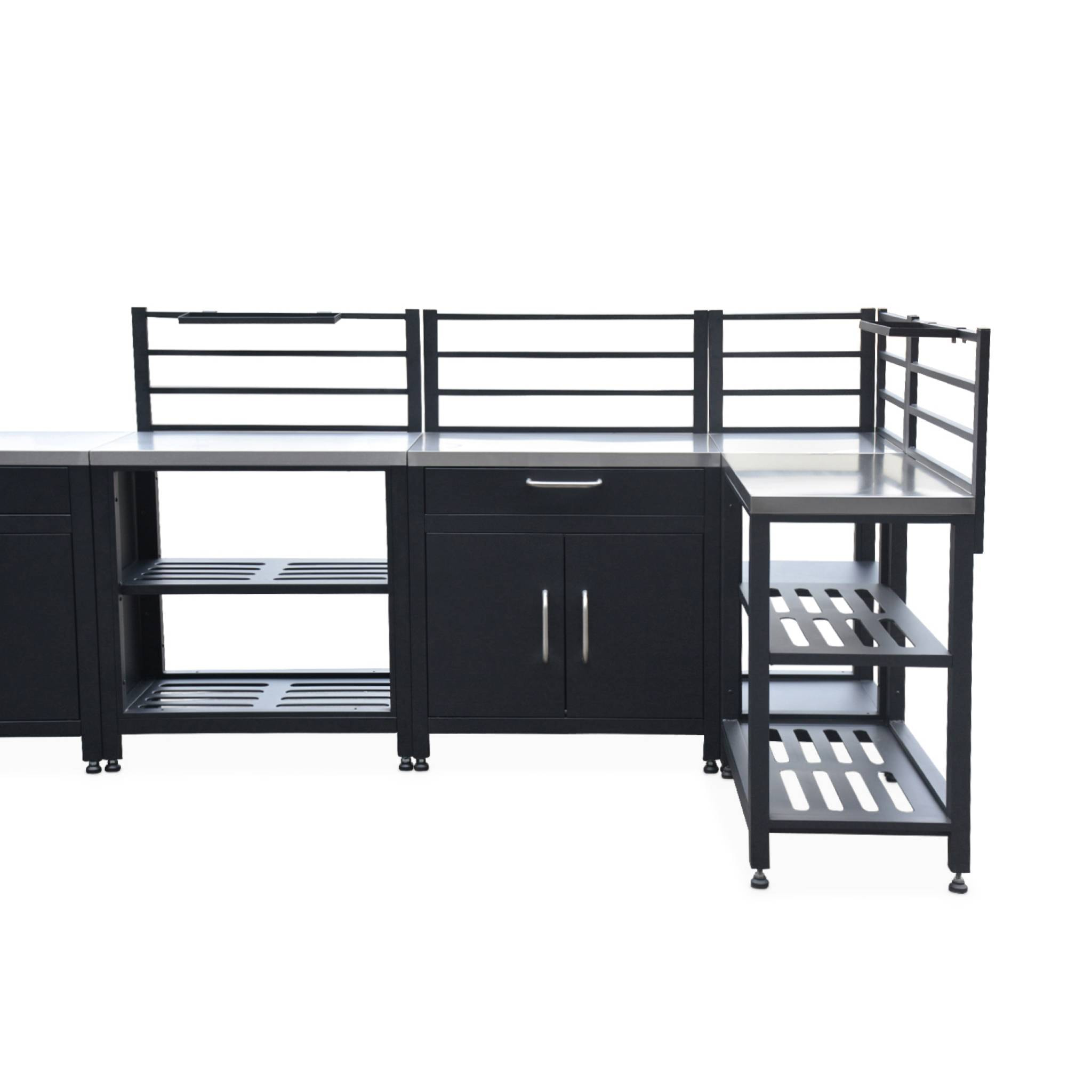 Ensemble de meubles de cuisine extérieure en acier inoxydable 7 modules avec barbecue au gaz 4 brûleurs