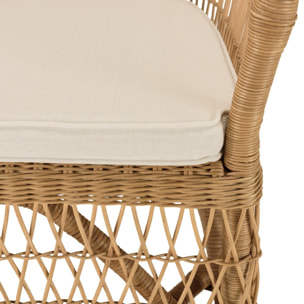 KALLY - Fauteuil en rotin naturel avec coussin d'assise blanc