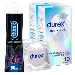 2x Preservativi Durex Invisible Extra Sottile con Forma Classica 2 Confezioni da 10 Profilattici + Durex Eternal Connection Gel Lubrificante Intimo a Lunga Durata da 50ml