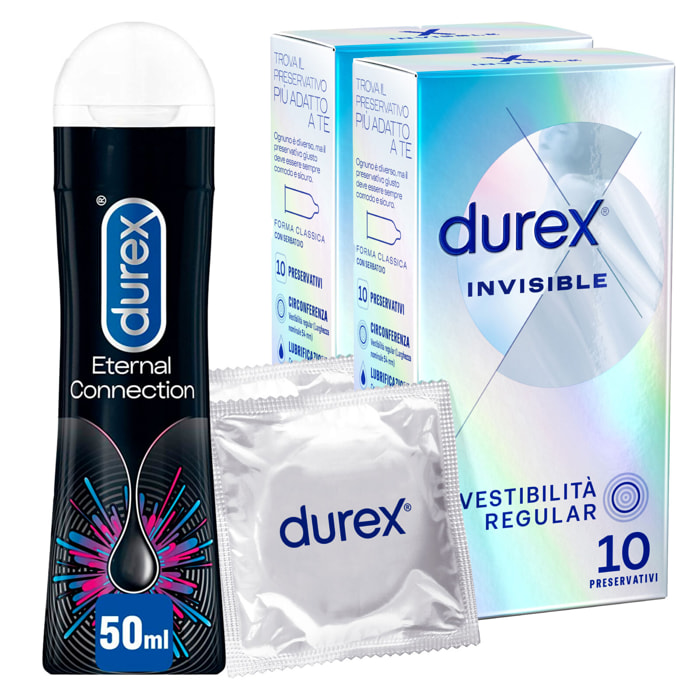2x Preservativi Durex Invisible Extra Sottile con Forma Classica 2 Confezioni da 10 Profilattici + Durex Eternal Connection Gel Lubrificante Intimo a Lunga Durata da 50ml