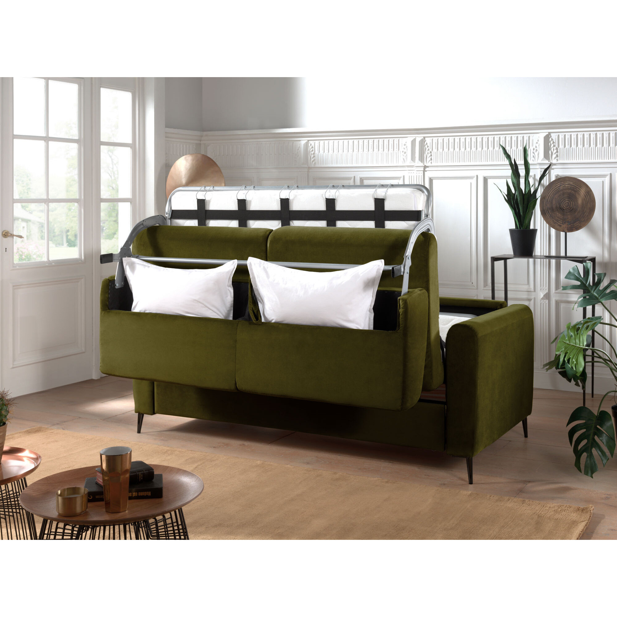 Owen - canapé lit 3 places convertible express couchage quotidien 140 cm matelas 12 cm en velours - Vert Olive
