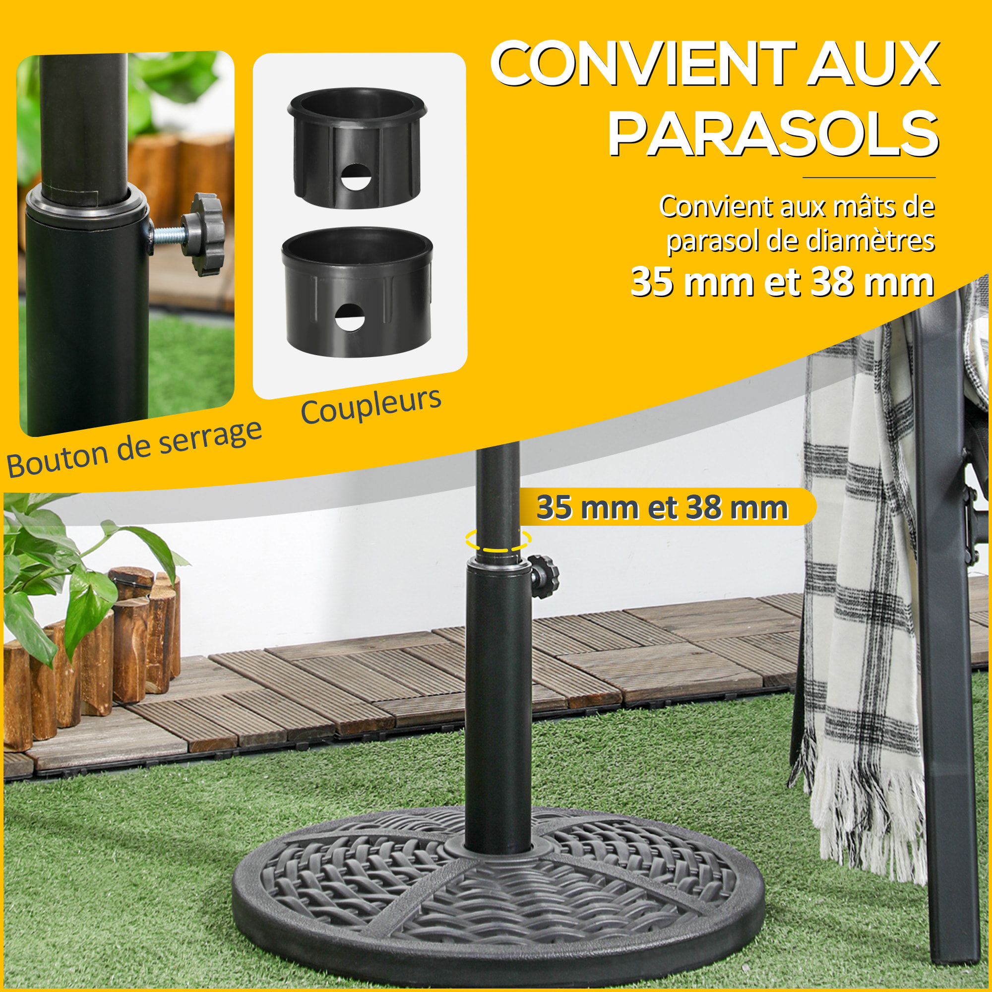 Pied de parasol rond base de lestage Ø 45 x 33H cm HDPE aspect rotin tressé poids net 8 Kg noir