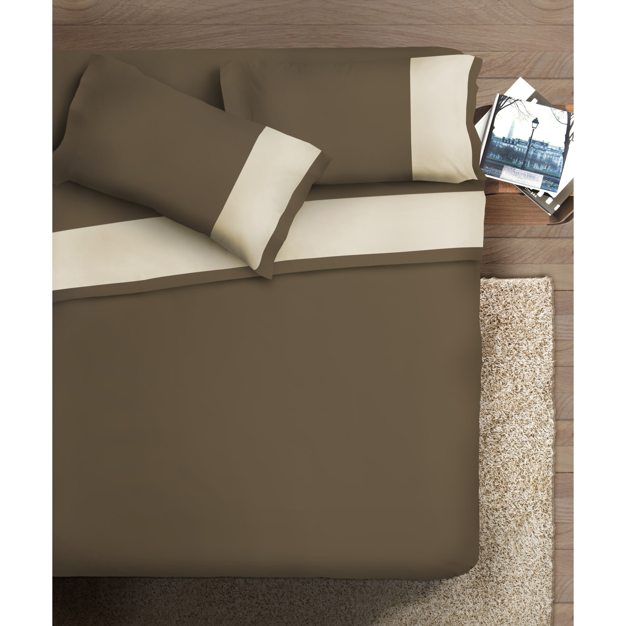 Completo letto bordo RASO IPERSAN Puro Cotone Panna fondo Caffè