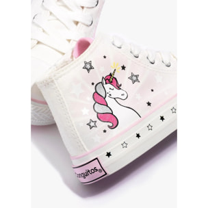 Zapatillas Altas de Niña de Lona con Estampado de Unicornio en Blanco