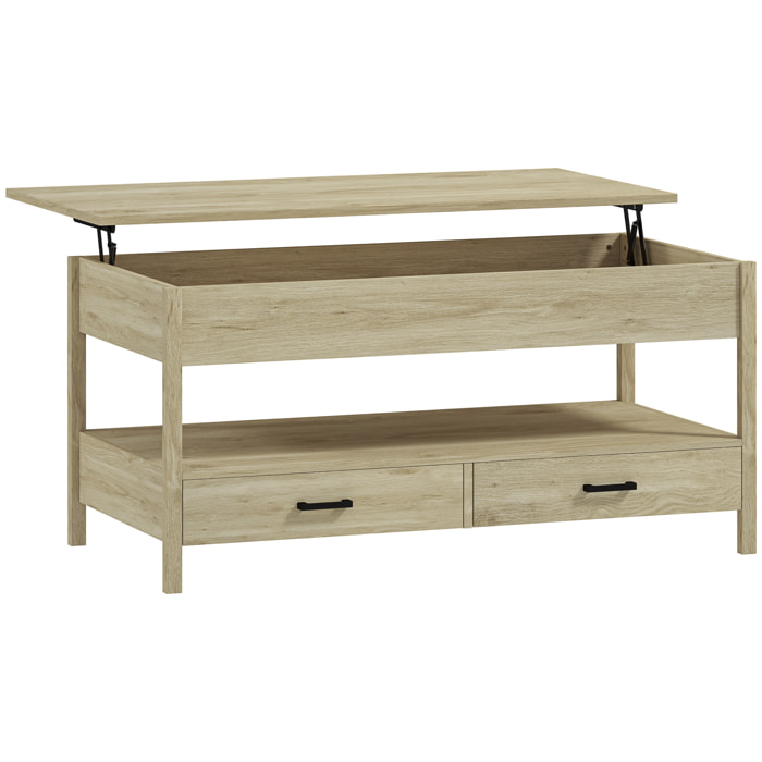 Table basse relevable 2 tiroirs étagère grand compartiment rangement dim. 100 x 50 x 62 cm effet bois clair