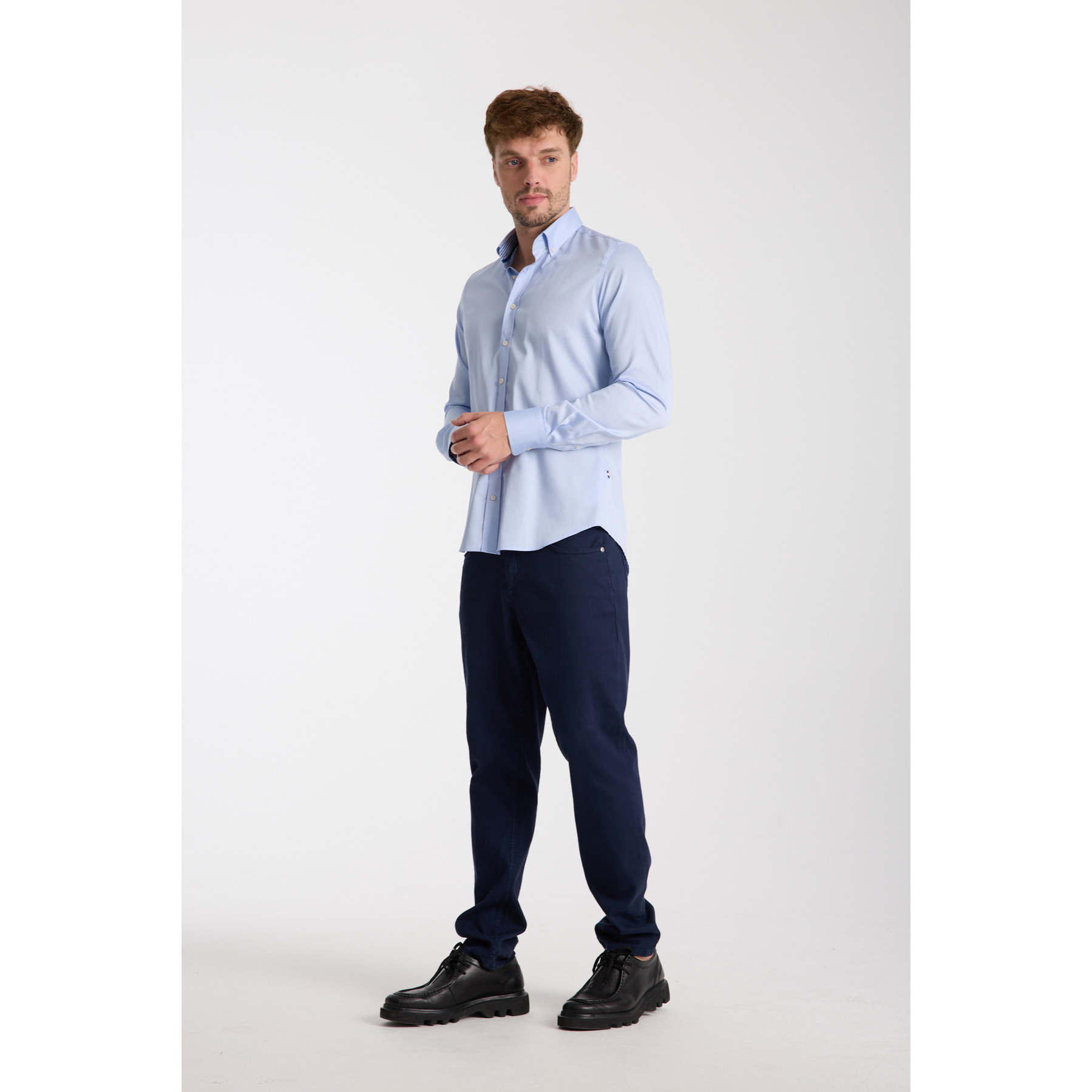 camicia uomo 1 bottone button down slim Satin Unito Celeste
