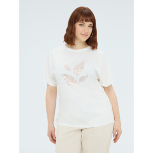 Fiorella Rubino - T-shirt in jersey con foliage in paillettes - Bianco