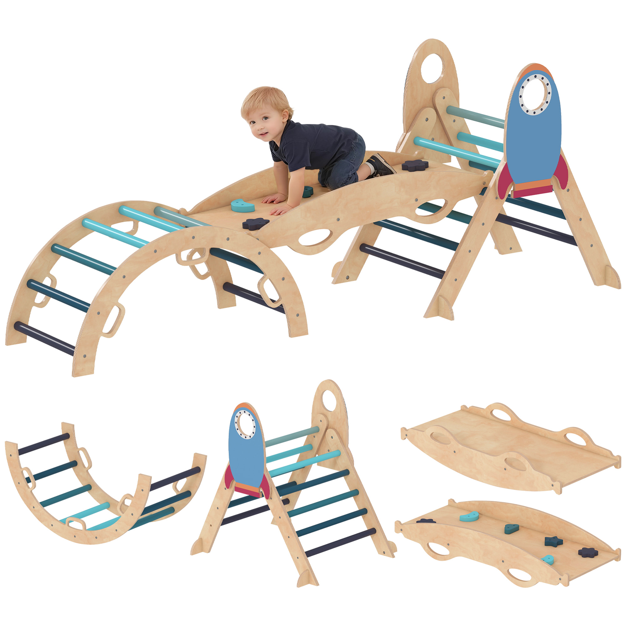8 en 1 Triángulo de Escalada Montessori, Estructura de Escalada de Madera, Tema de Cohetes, con Arco y Rampa para Deslizarse o Escalar, para Niños de 18-48 Meses, Interiores, Azul