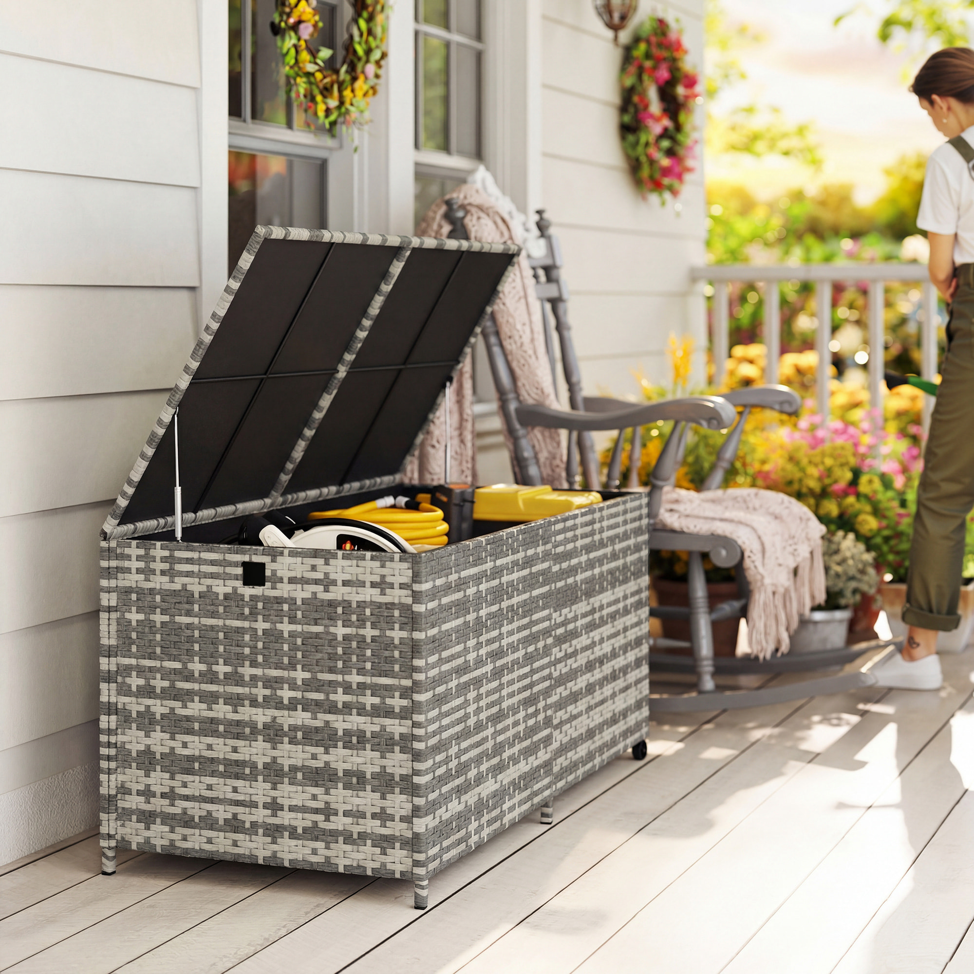 Coffre de jardin résine tressée 650L doublure zippée vérins pneumatiques gris