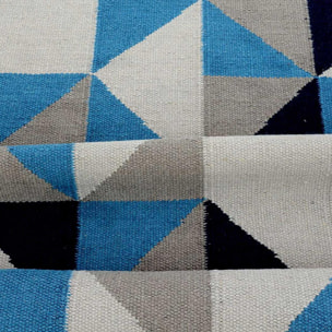 Tapis Kilim tissé à la main en laine motif Géométrique dans les teintes de Bleu