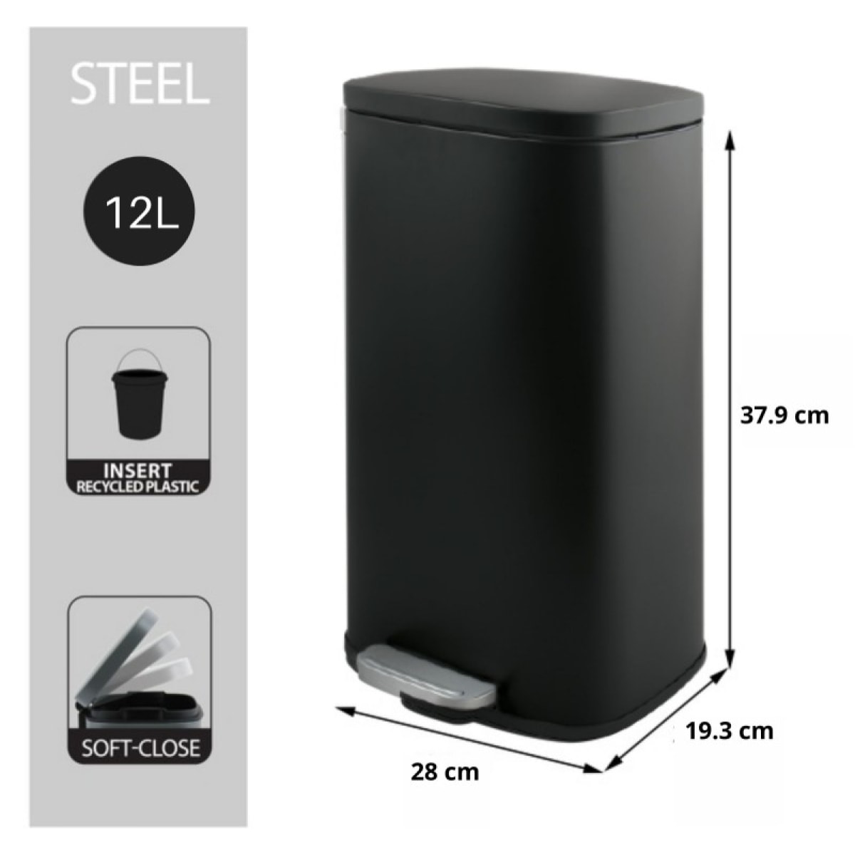 Poubelle à pédale Acier AKIRA 12L Noir mat Spirella