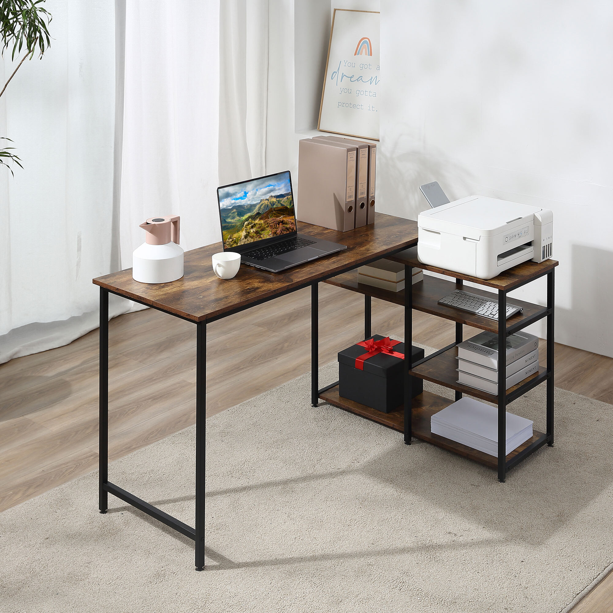 Bureau informatique design industriel bureau d'angle 3 étagères aspect vieux bois métal noir