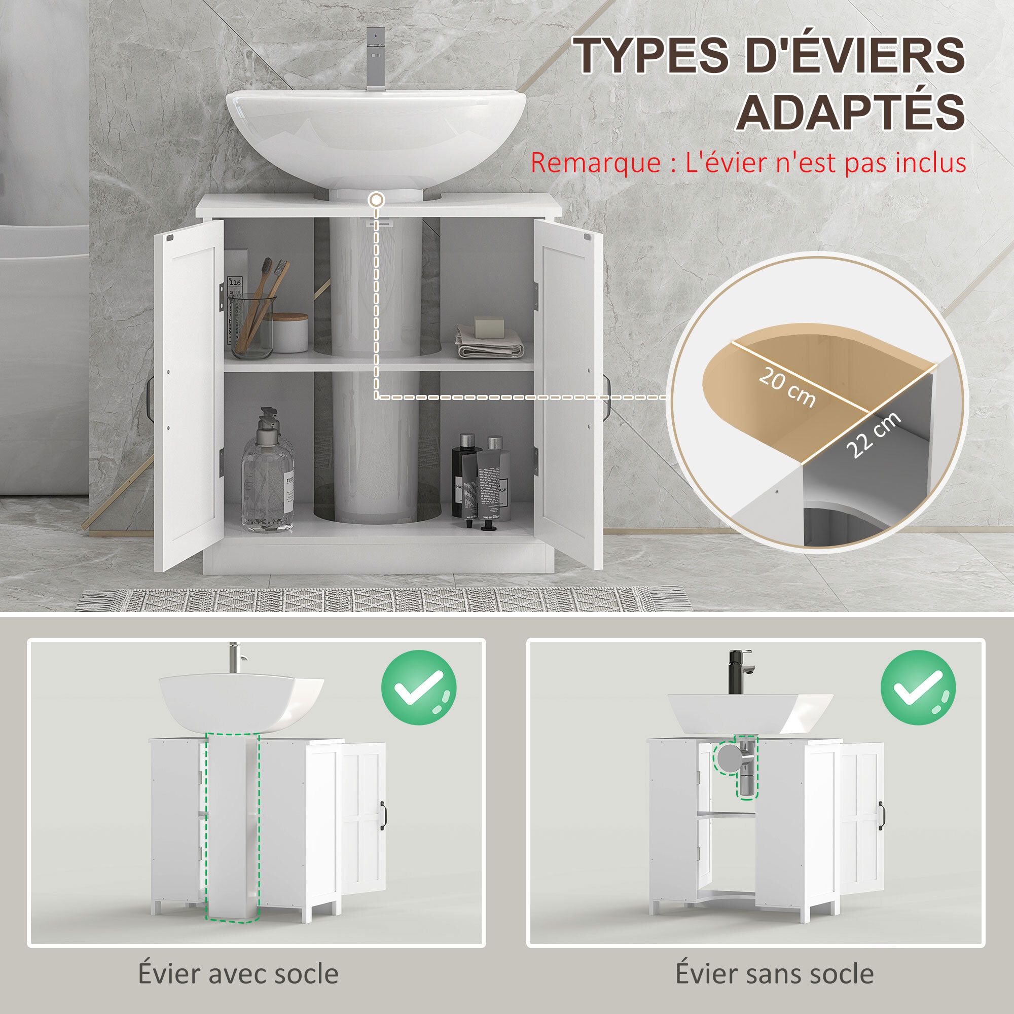 Meuble salle de bain - meuble sous-vasque - 2 portes avec étagère - 60x30x60cm - blanc