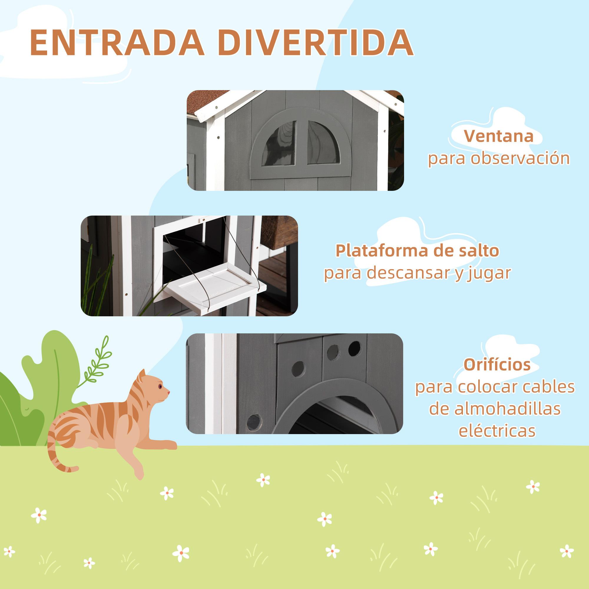 Casa para Gatos de Madera 59x55x109 cm Caseta para Gatos de 3 Niveles Refugio para Gatos con Techo Asfáltico Plataformas y Escalera para Exterior Gris