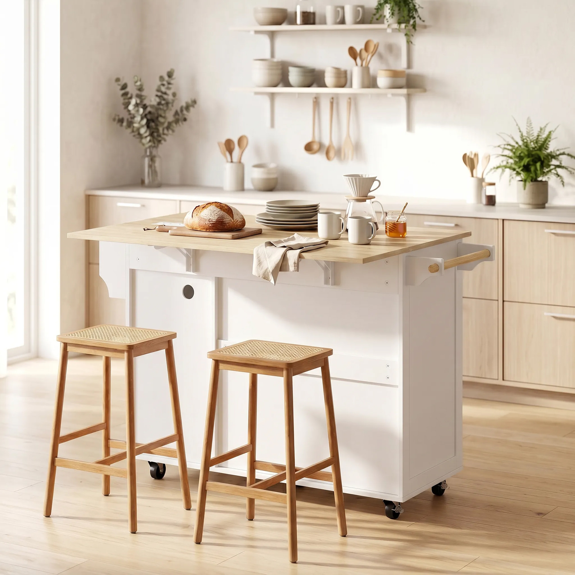 Isla de Cocina con Encimera Extensible y Estación de Carga, Carro de Cocina con Ruedas, 2 Puertas, 3 Cajones, Estantes Ajustables, Especiero y Toallero, Blanco